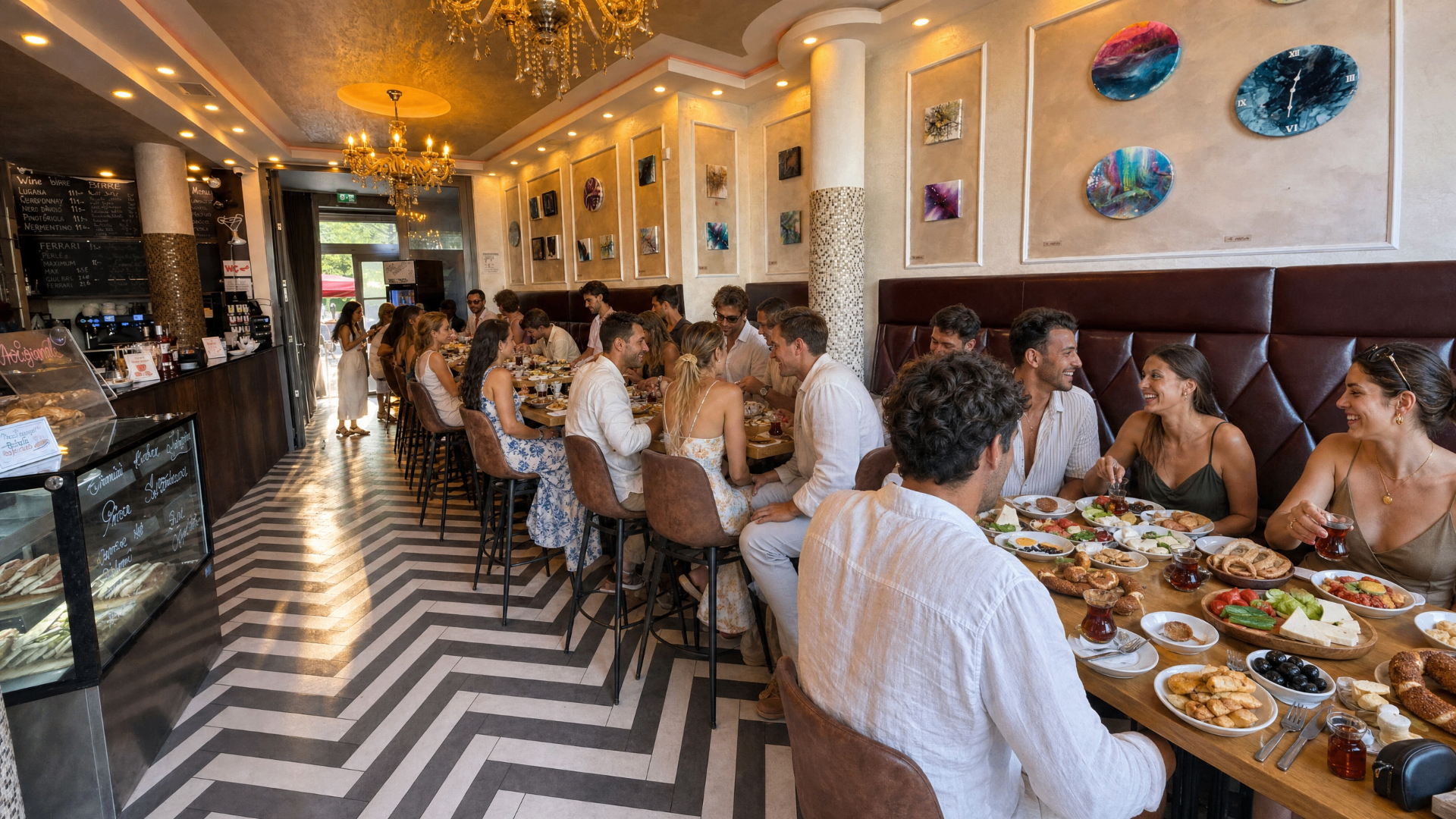 Volles Bistro mit Frühstückstafel und Gästen