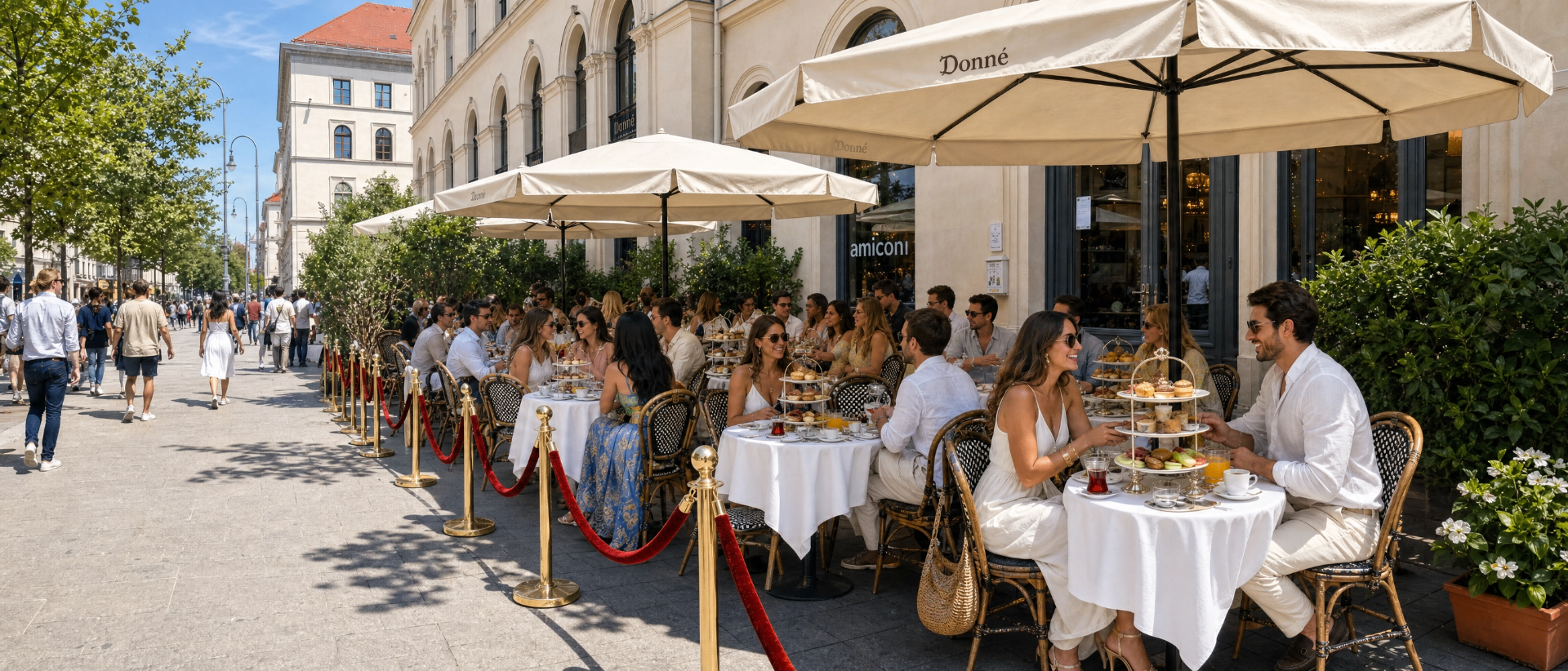 Terrassenansicht — Gäste genießen Brunch unter Sonnenschirmen