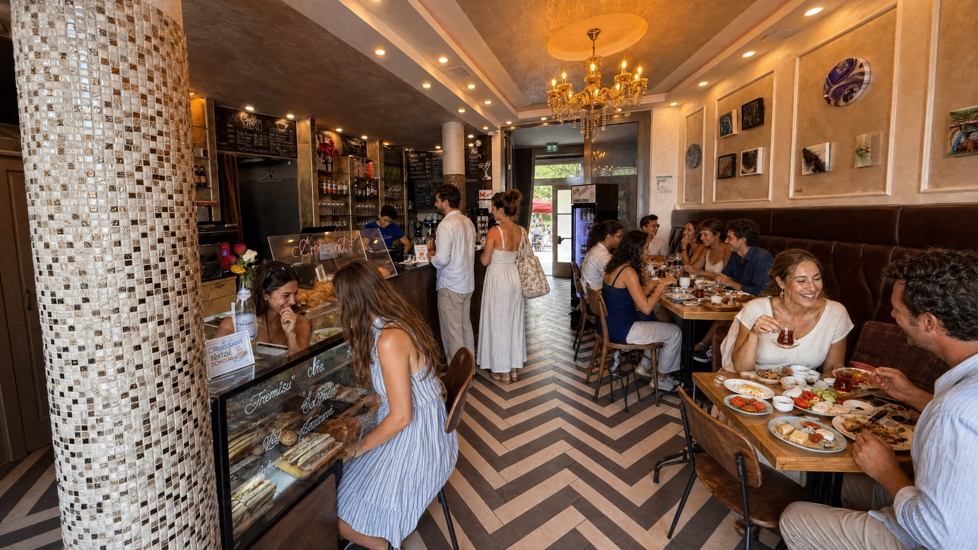 Blick ins Bistro — Gäste am Tresen und an Tischen